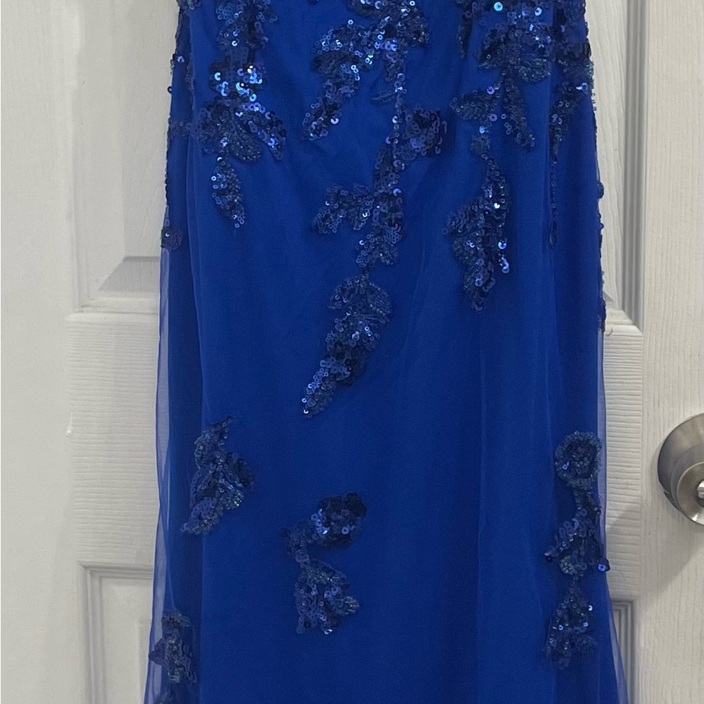 Camille La Vie Blue Asymmetrical Sequin Strapless Gown